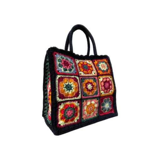 Borsa Granny Square Fiore Africano in Juta Rivestita con Mattonelle ad Uncinetto in Cotone