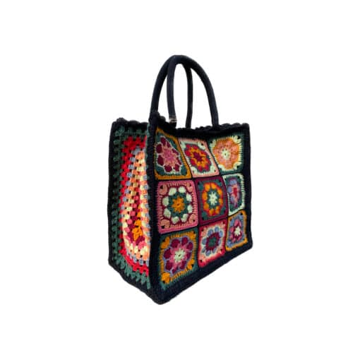 Borsa Granny Square Fiore Africano in Juta Rivestita con Mattonelle ad Uncinetto in Cotone 2